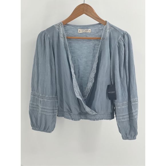 Lucky Brand Blouson Top Women's Size XS Blue Boho Crop Deep V Neck New - Picture 1 of 13